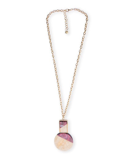 Collana lunga a catena con pendente con elementi geometrici tono beige e viola