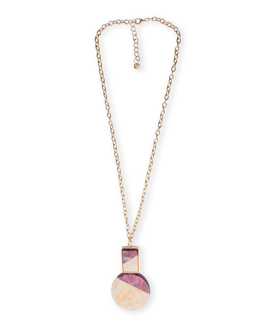 Collana lunga a catena con pendente con elementi geometrici tono beige e viola