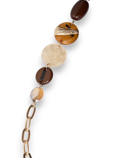 Collana lunga a catena con pietre circolari in acrilico nei toni marrone, ocra e bianco