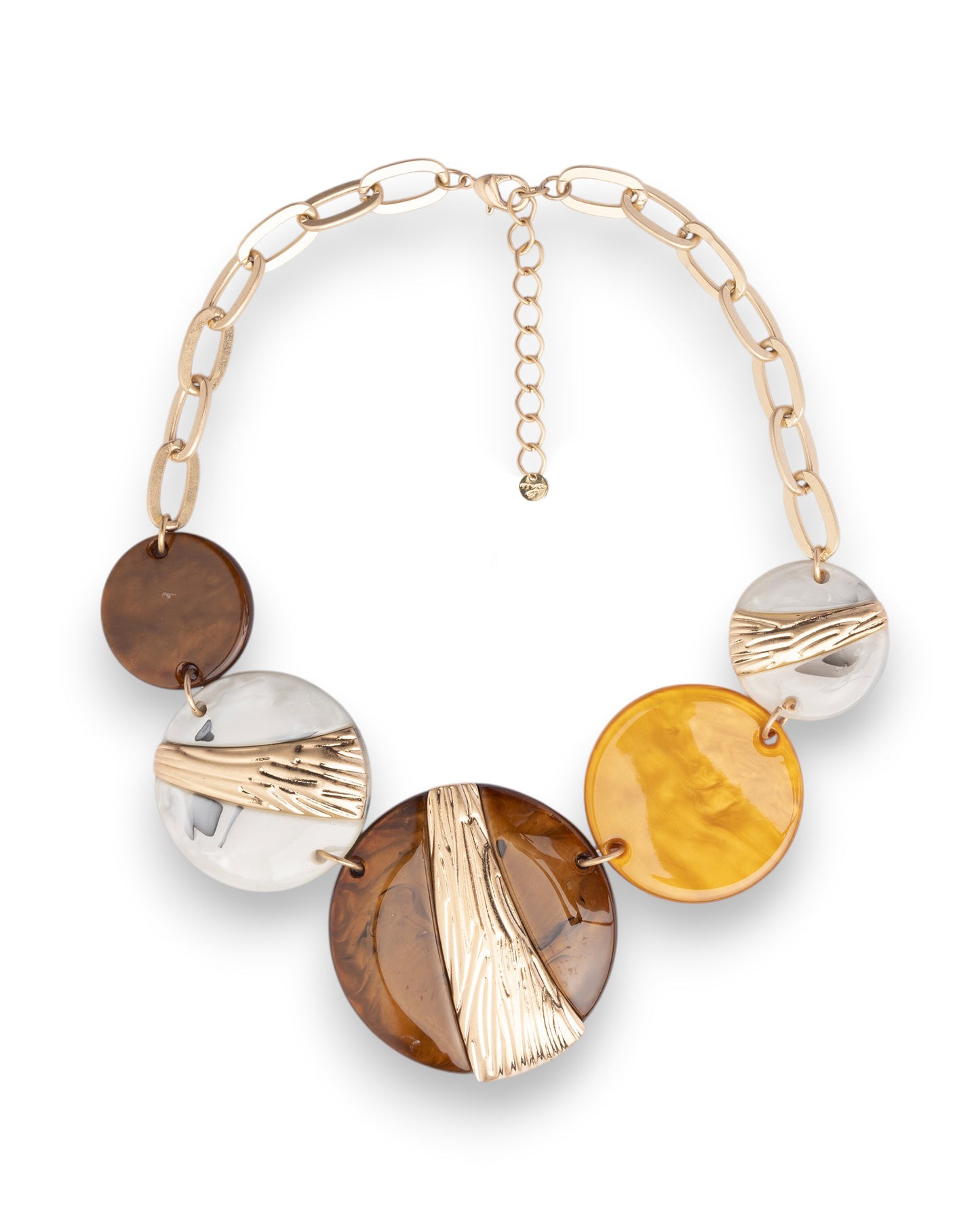 Collana girocollo catena con pietre circolari in acrilico nei toni marrone, ocra e grigio