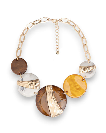 Collana girocollo catena con pietre circolari in acrilico nei toni marrone, ocra e grigio