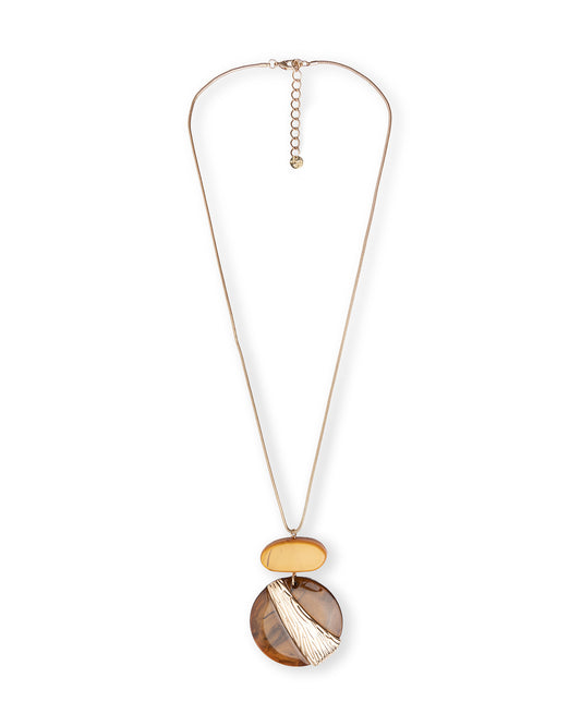 Collana lunga con catena snake e pendente a doppia pietra in acrilico nei toni ocra e marrone