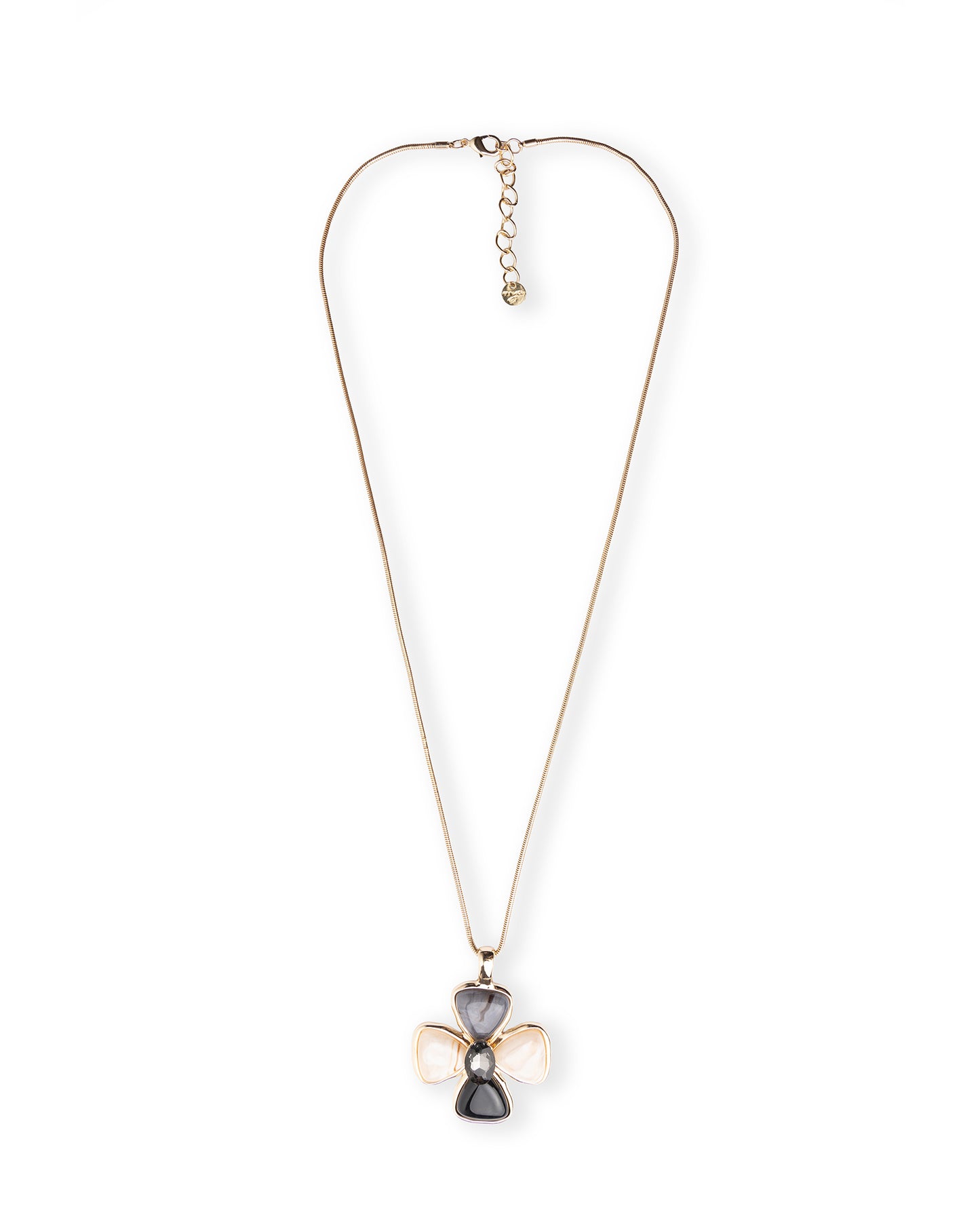 Collana lunga con catena snake e pendente a fiore in resina nei toni nero e beige