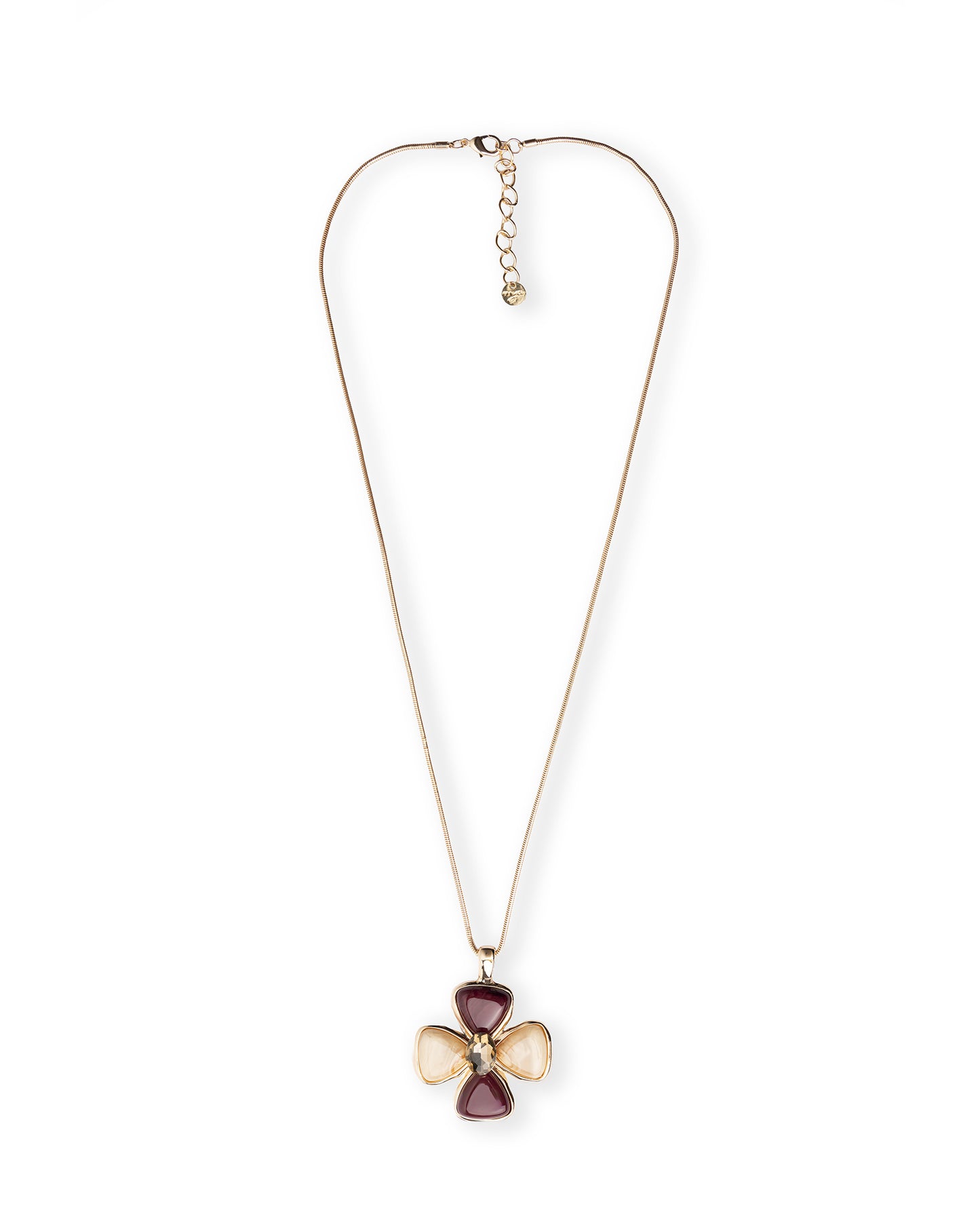 Collana lunga con catena snake e pendente a fiore in resina nei toni viola e beige