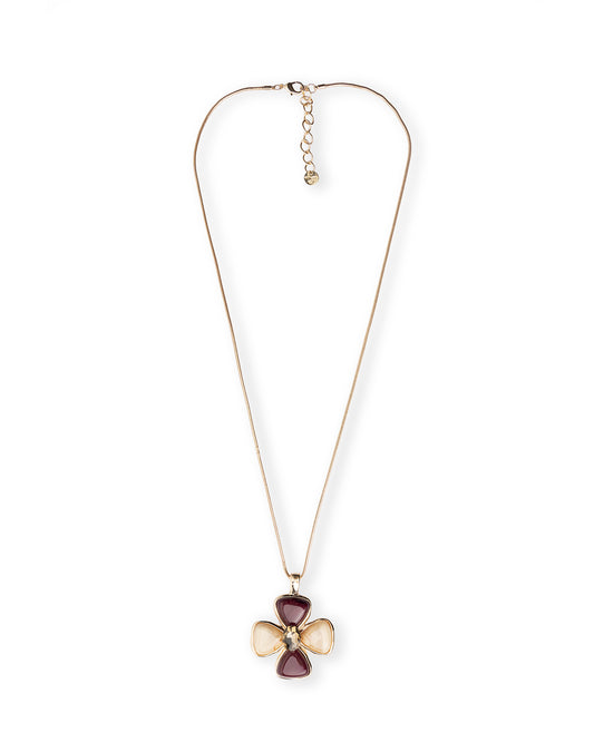 Collana lunga con catena snake e pendente a fiore in resina nei toni viola e beige