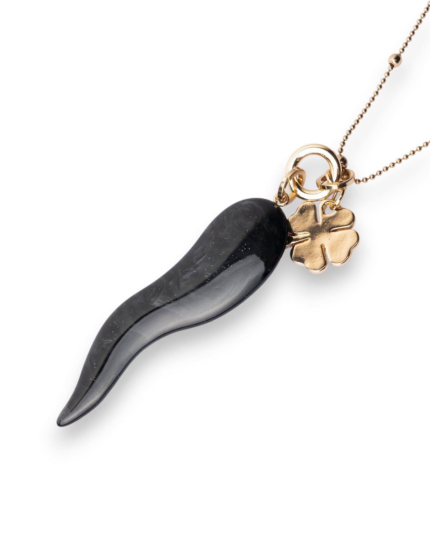 Collana lunga con catena sottile e pendente corno schiacciato in acrilico nero