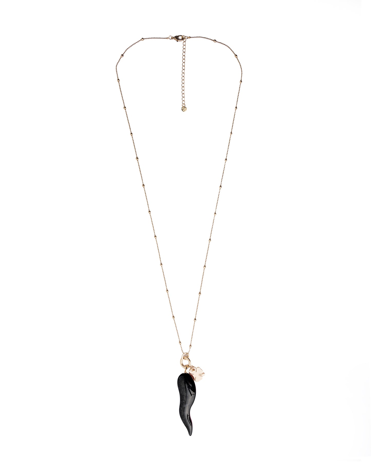 Collana lunga con catena sottile e pendente corno schiacciato in acrilico nero