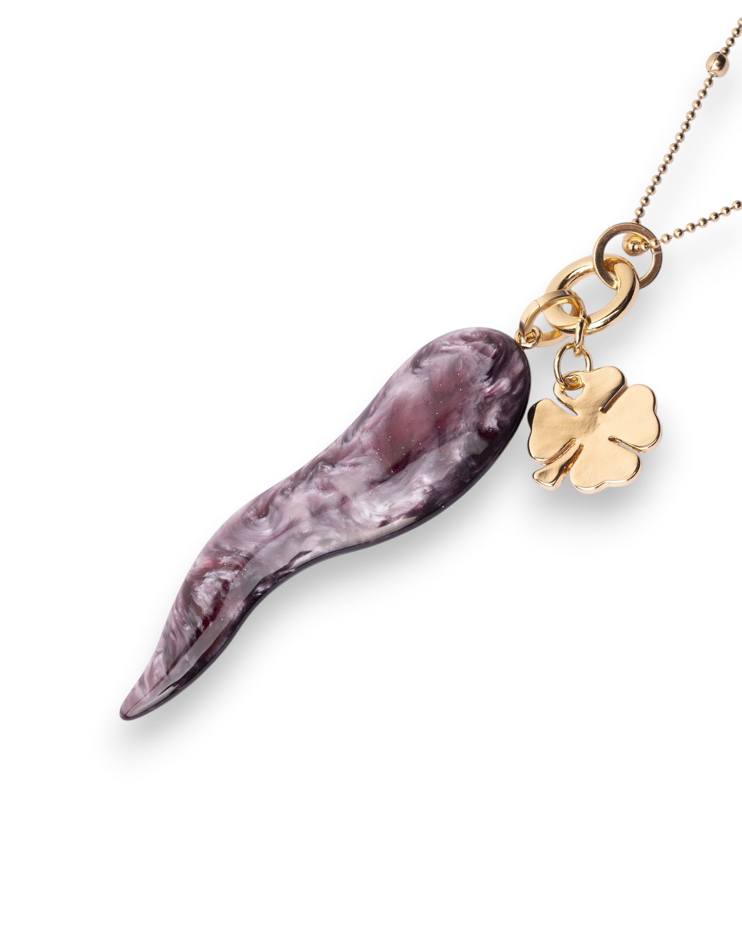 Collana lunga con catena sottile e pendente corno schiacciato in acrilico violaceo