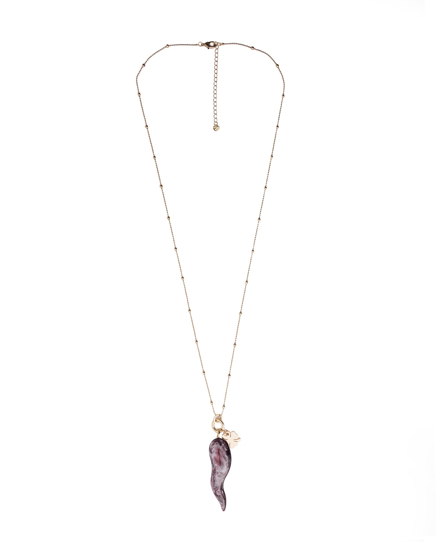 Collana lunga con catena sottile e pendente corno schiacciato in acrilico violaceo