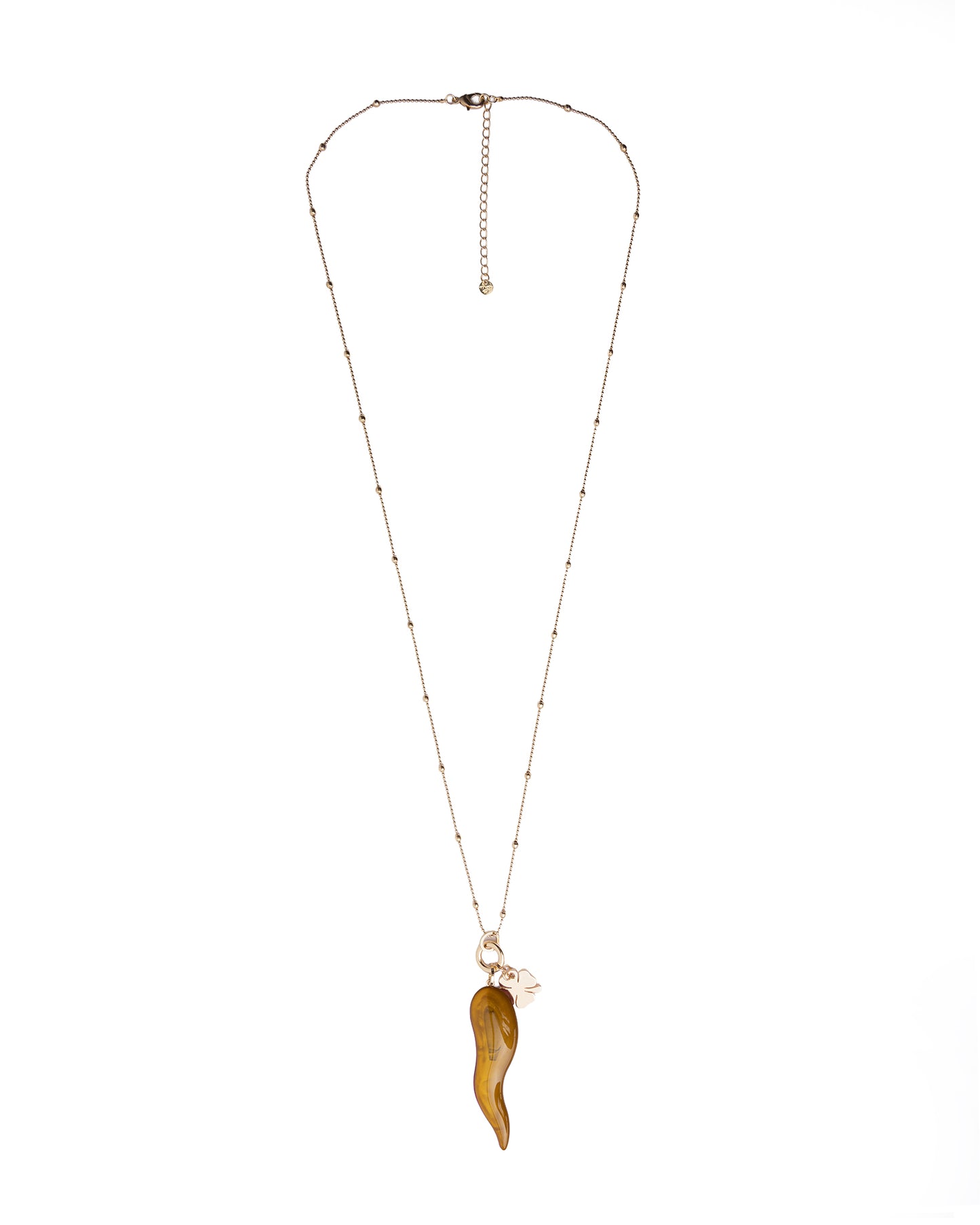 Collana lunga con catena sottile e pendente corno schiacciato in acrilico ocra