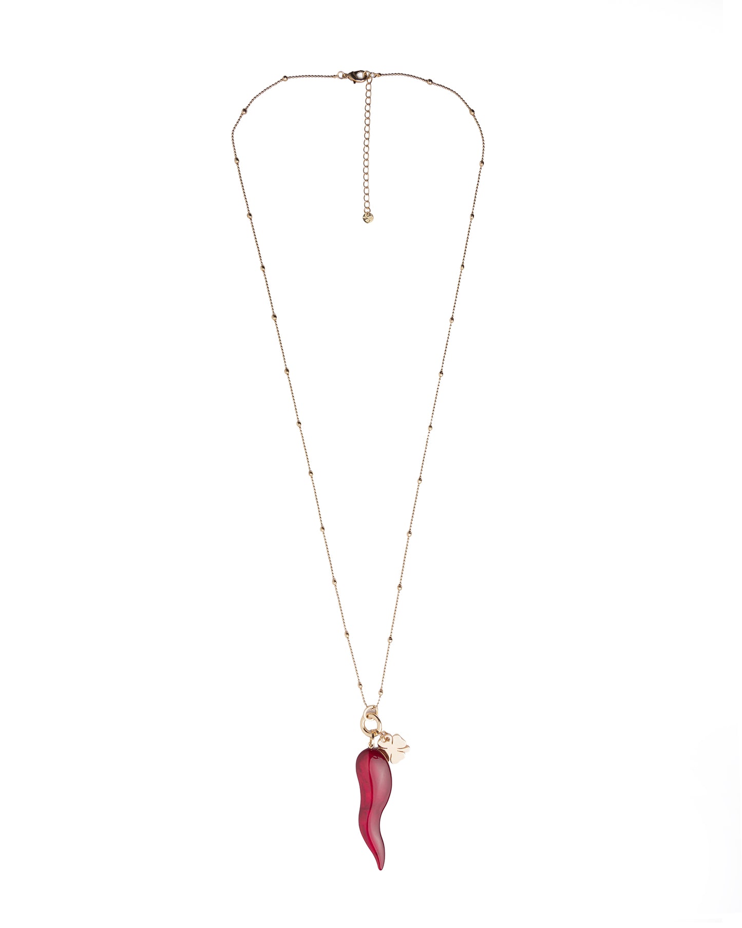 Collana lunga con catena sottile e pendente corno schiacciato in acrilico bordeaux