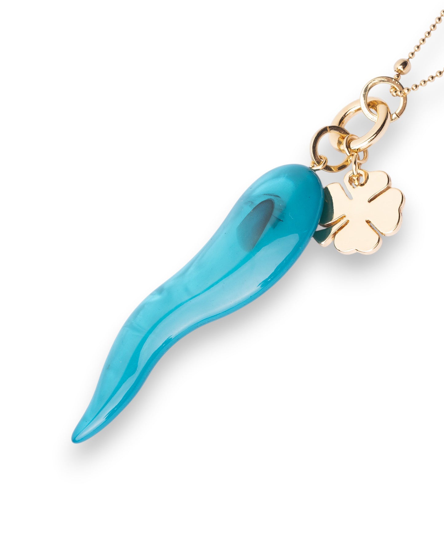 Collana lunga con catena sottile e pendente corno schiacciato in acrilico turchese