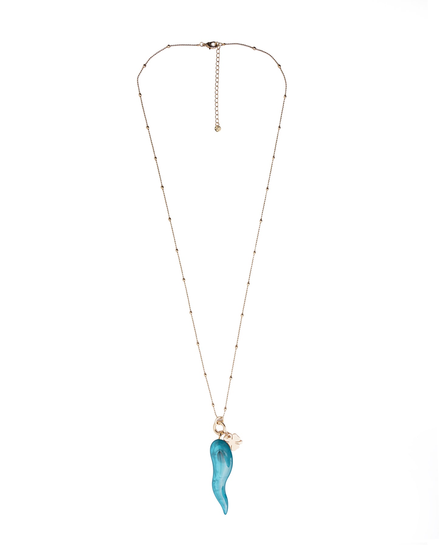 Collana lunga con catena sottile e pendente corno schiacciato in acrilico turchese