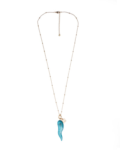 Collana lunga con catena sottile e pendente corno schiacciato in acrilico turchese