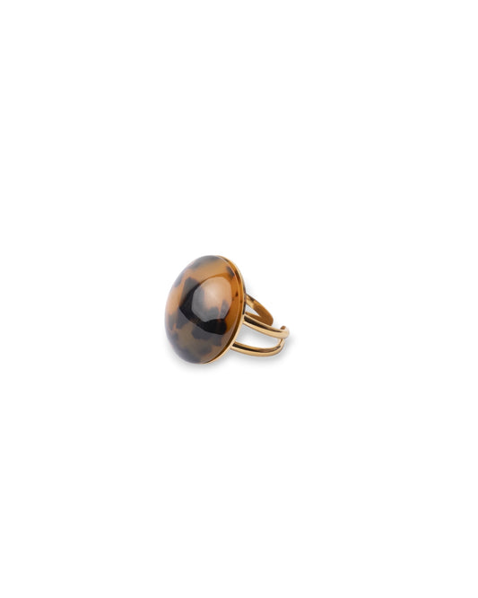 Anello in acciaio regolabile con pietra in acrilico animalier marrone