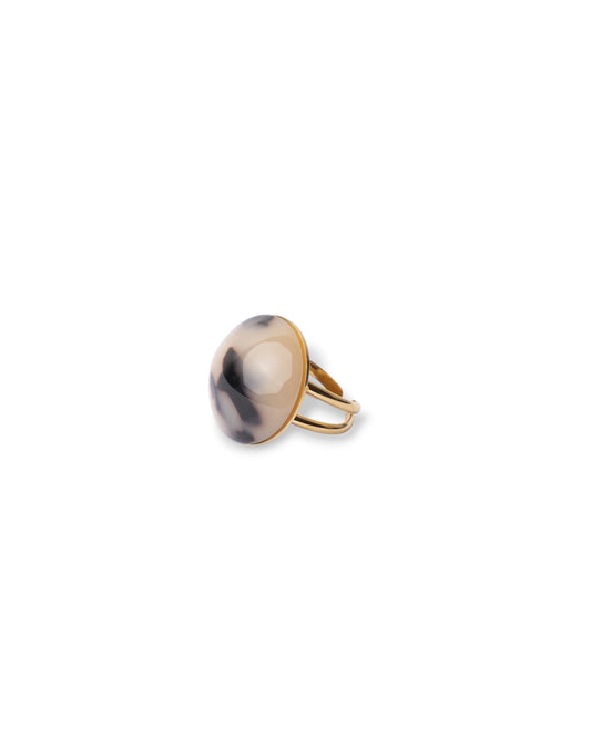 Anello in acciaio regolabile con pietra in acrilico animalier beige