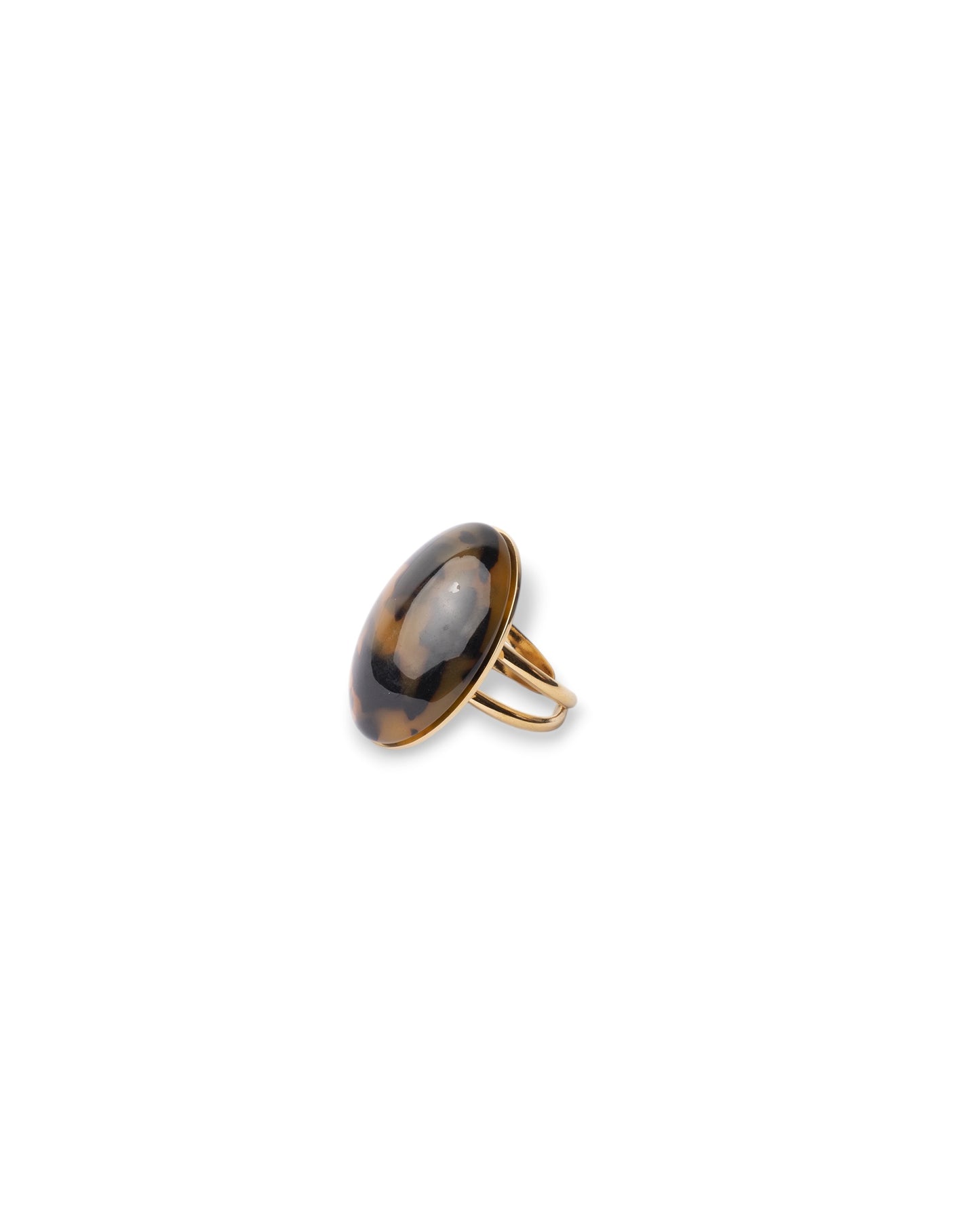 Anello regolabile in acciaio con pietra ovale in acrilico animalier marrone