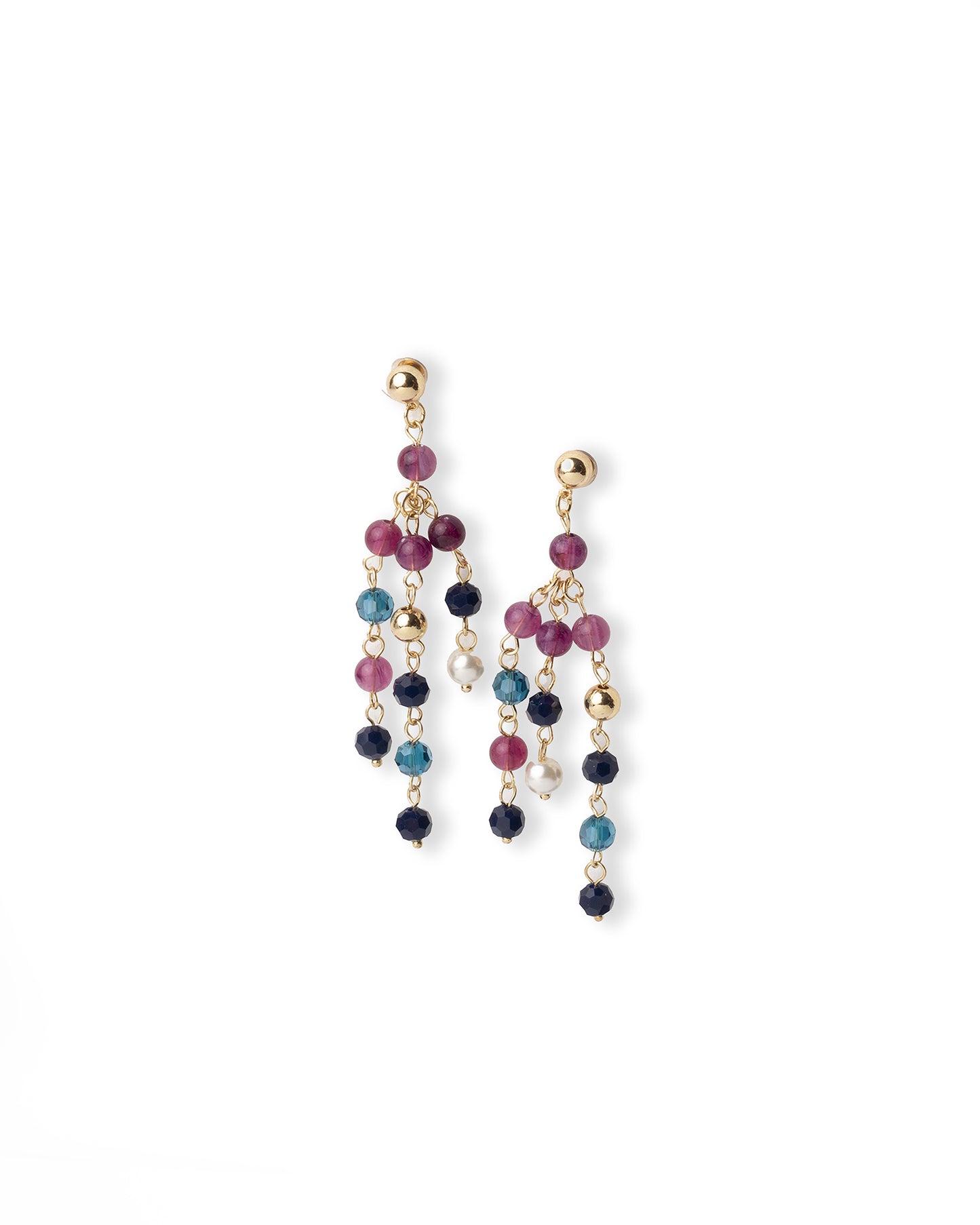 Orecchini pendenti a cascata con pietre in vetro fucsia e blu