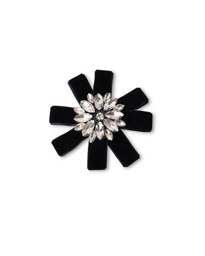 Spilla in metallo con design a fiore in velluto nero e pietre in vetro crystal
