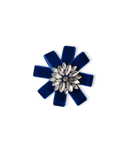 Spilla in metallo con design a fiore in velluto blu e pietre in vetro crystal