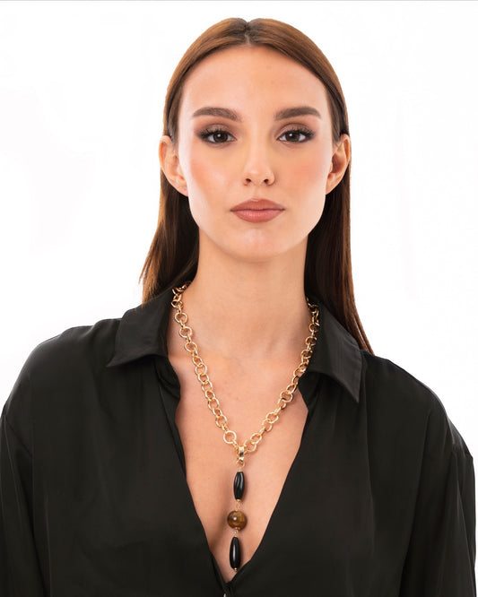 Collana a catena con pendente in acrilico e pietra dura occhio di tigre