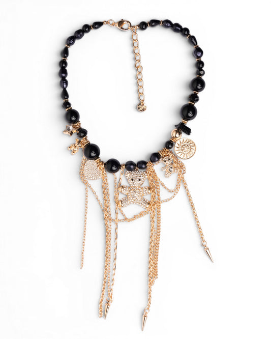Collana girocollo con pietre nere in acrilico e charms pendenti