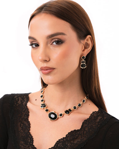 Collana girocollo in metallo con pietre in vetro nere