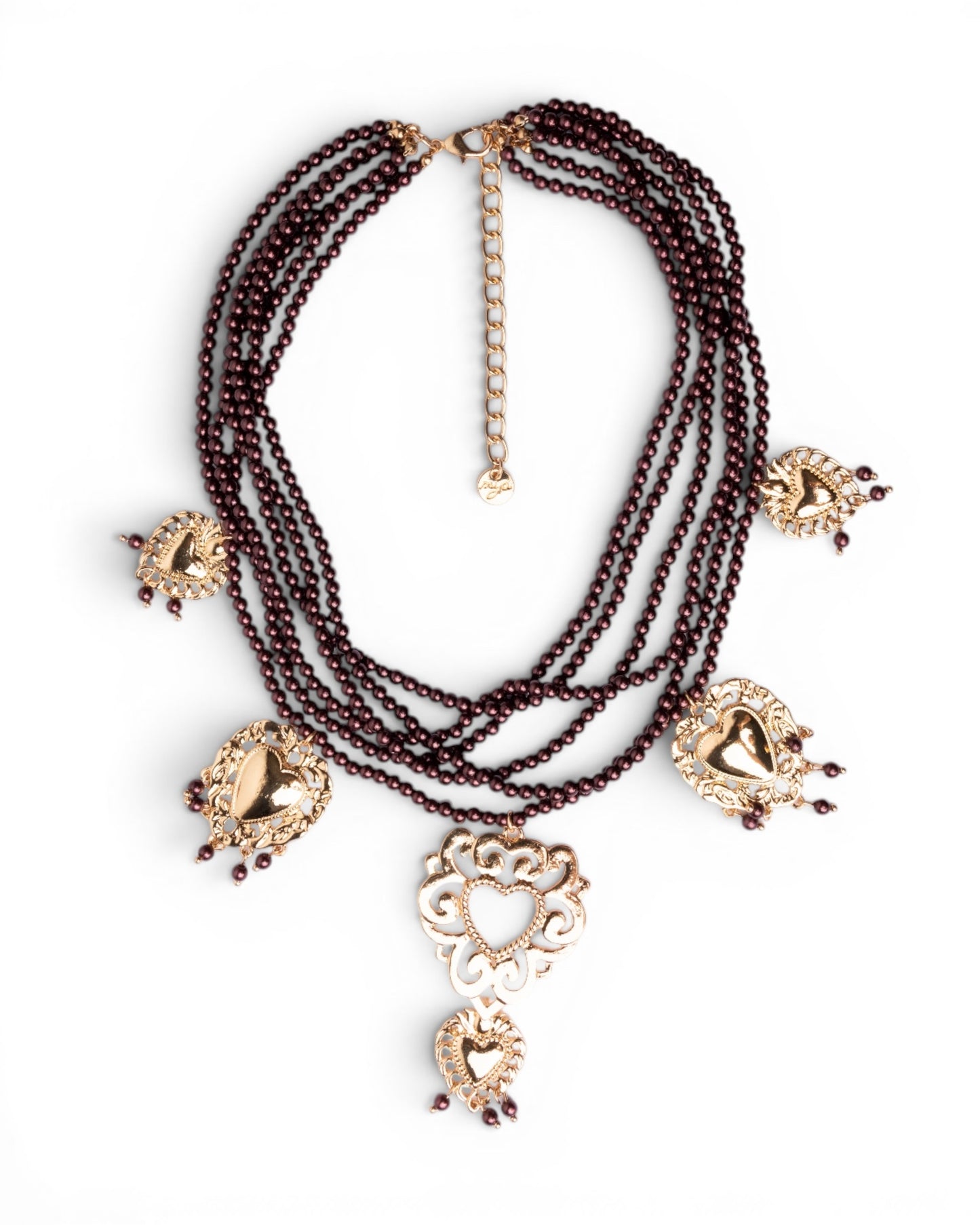 Collana multi fili con micro pietre in acrilico marrone e cuori sacri pendenti
