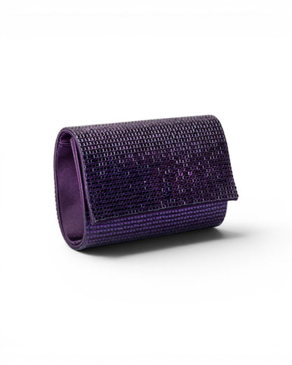 Borsa pochette in tessuto tempestata da micro cristalli viola