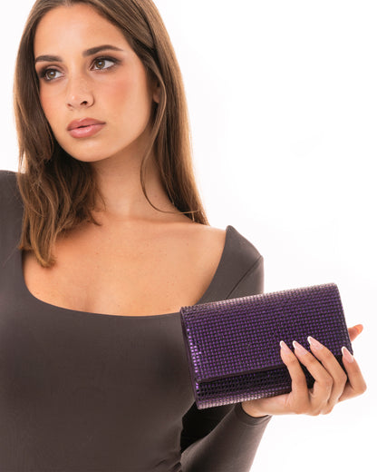 Borsa pochette in tessuto tempestata da micro cristalli viola