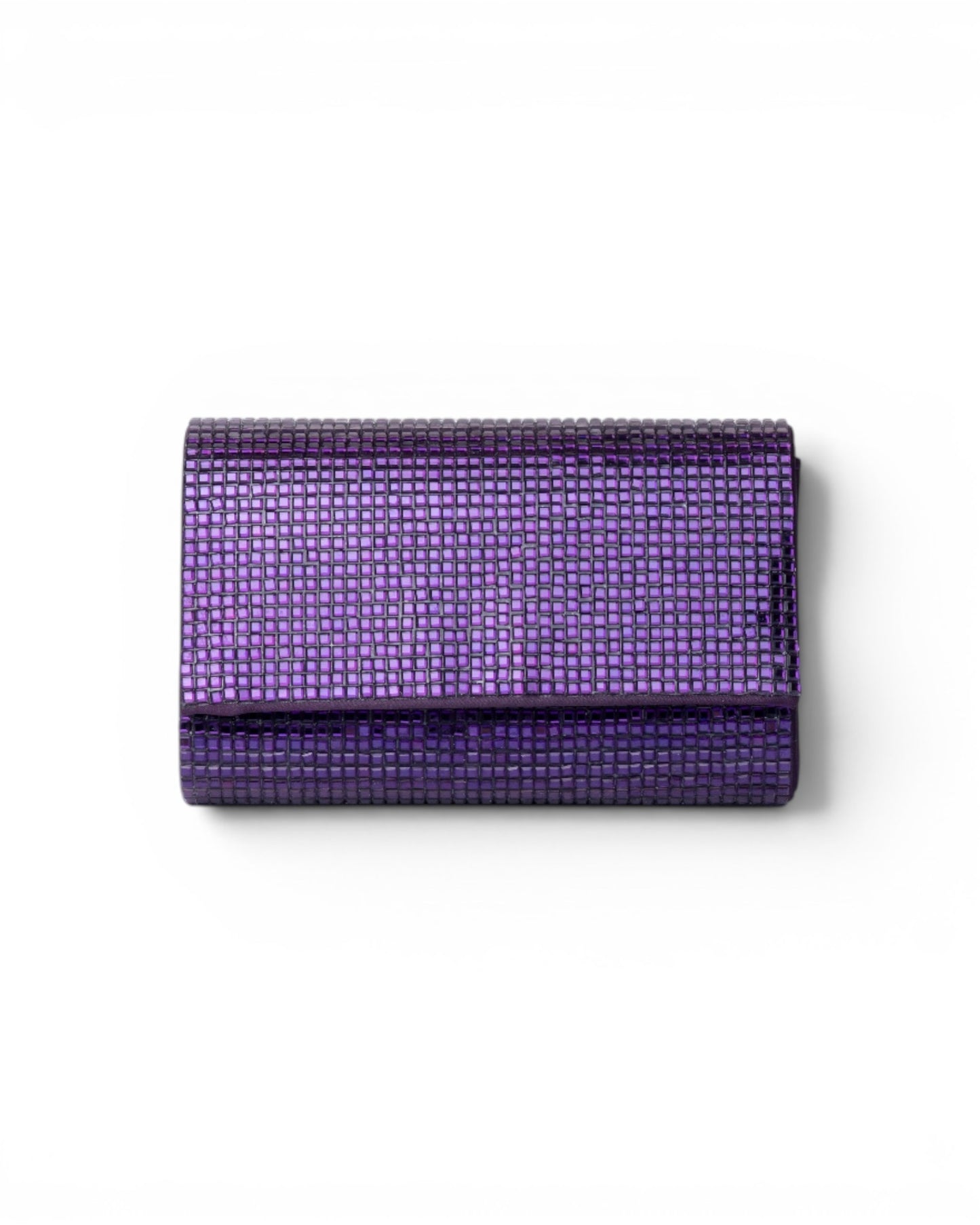 Borsa pochette in tessuto tempestata da micro cristalli viola