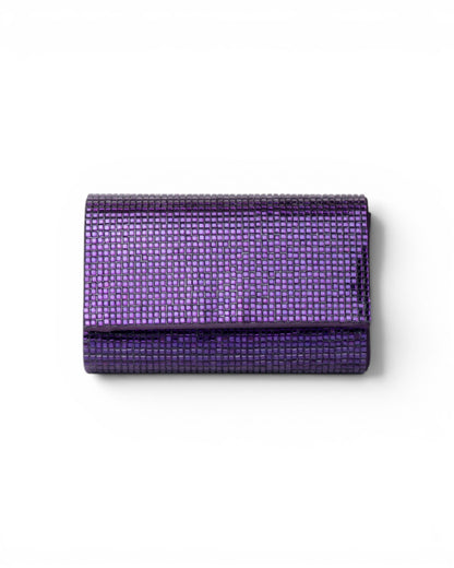 Borsa pochette in tessuto tempestata da micro cristalli viola