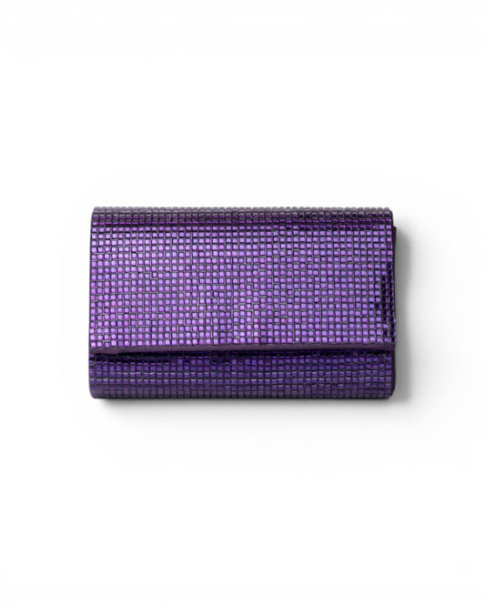 Borsa pochette in tessuto tempestata da micro cristalli viola