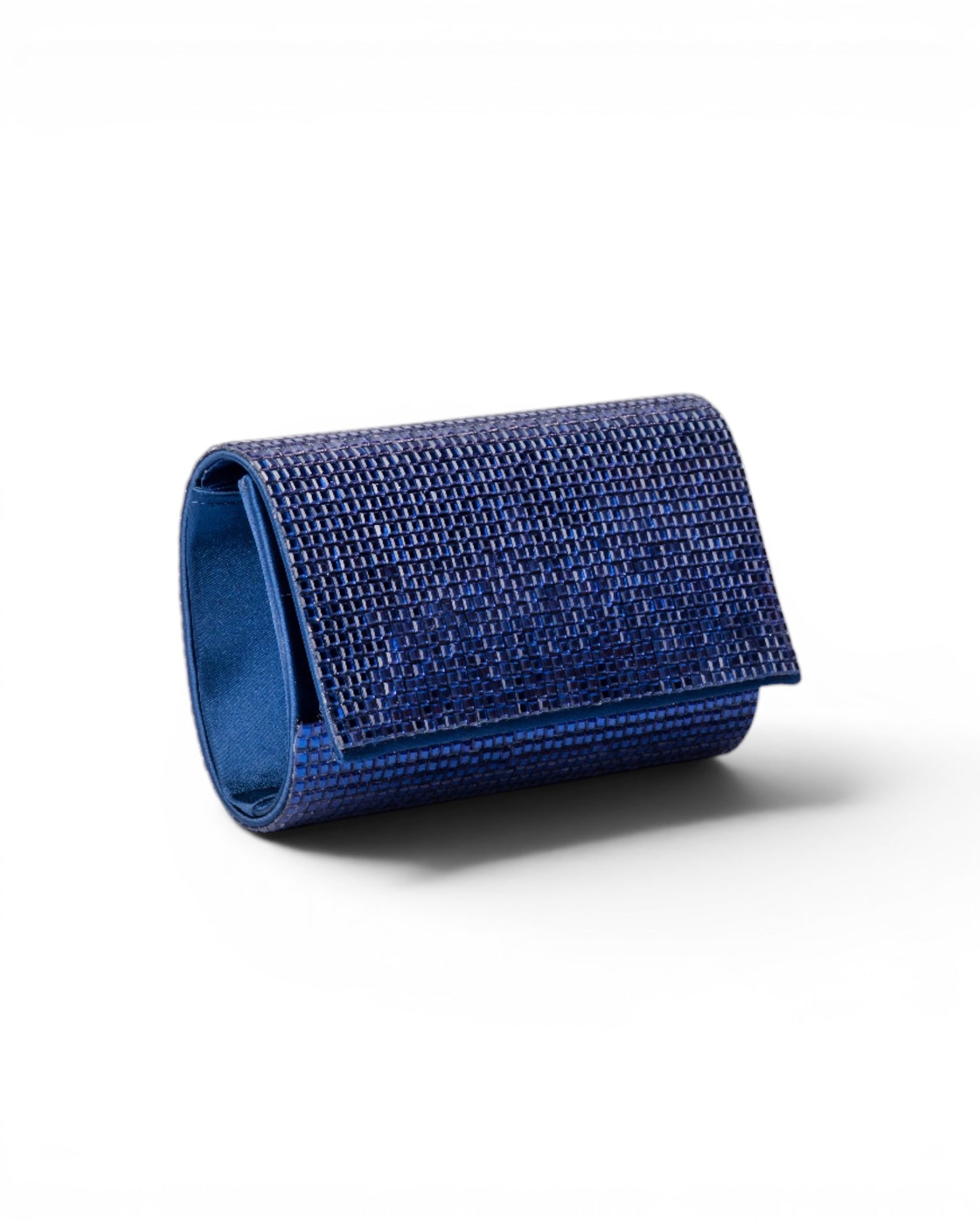 Borsa pochette in tessuto tempestata da micro cristalli blu