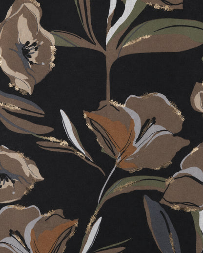 Sciarpa in cotone nera con stampa a fiori marrone