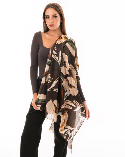 Sciarpa in cotone marrone con stampa a fiori multicolore