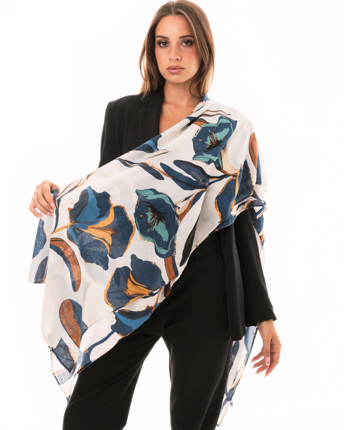 Sciarpa in cotone bianco con stampa a fiori multi blu