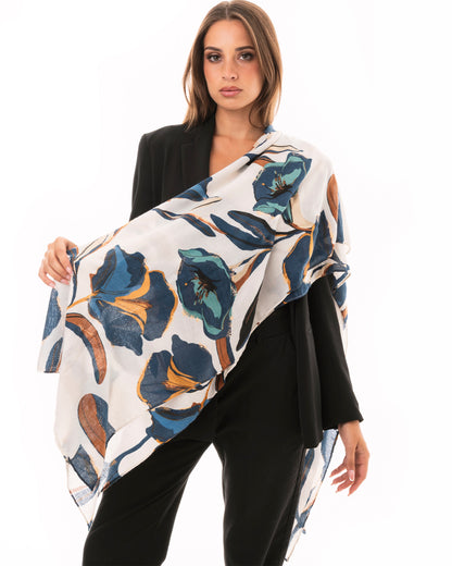 Sciarpa in cotone bianco con stampa a fiori multi blu