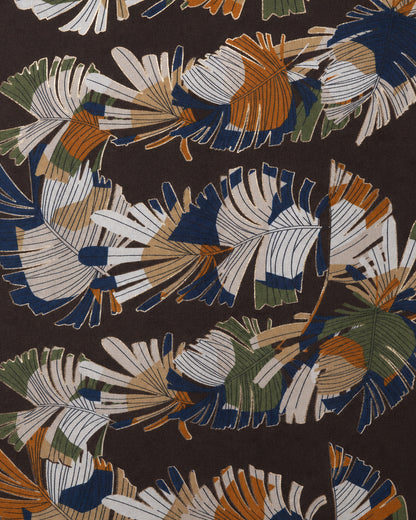 Sciarpa in cotone marrone con stampa a foglie tropicali multicolore
