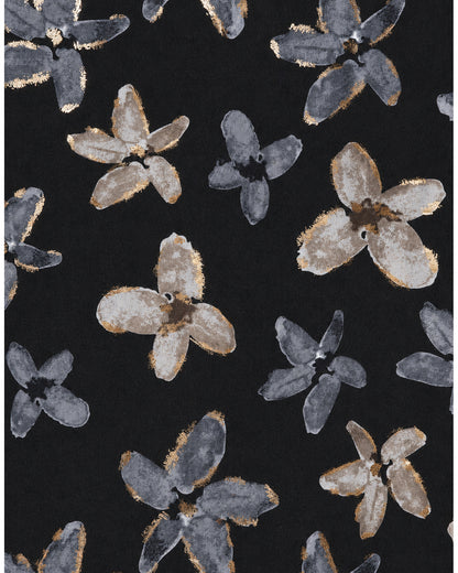 Sciarpa in cotone nera con stampa a fiori celeste e beige