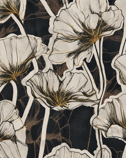 Sciarpa in cotone con stampa a fiori tono beige e nero