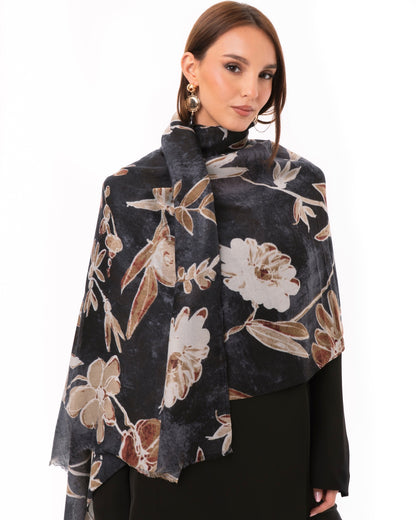 Sciarpa in cotone nera con stampa a fiori