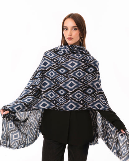 Sciarpa in cotone con stampa geometrica tono blu