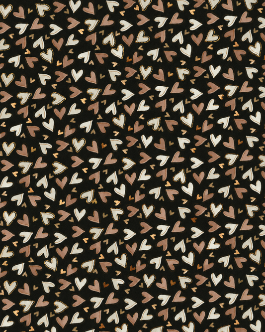 Sciarpa in cotone nera con stampa a cuori tono marrone e beige