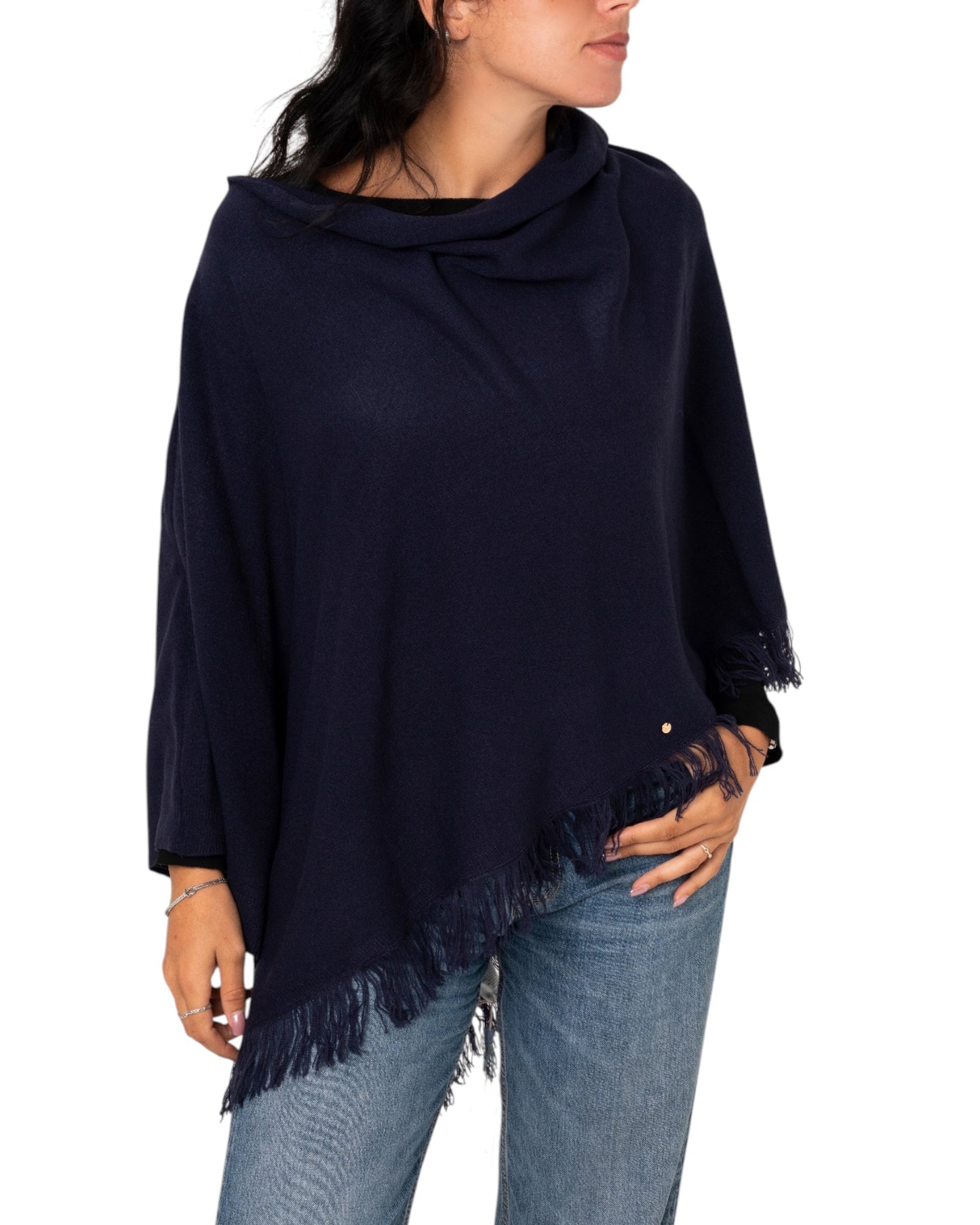 Poncho blu scuro con frange