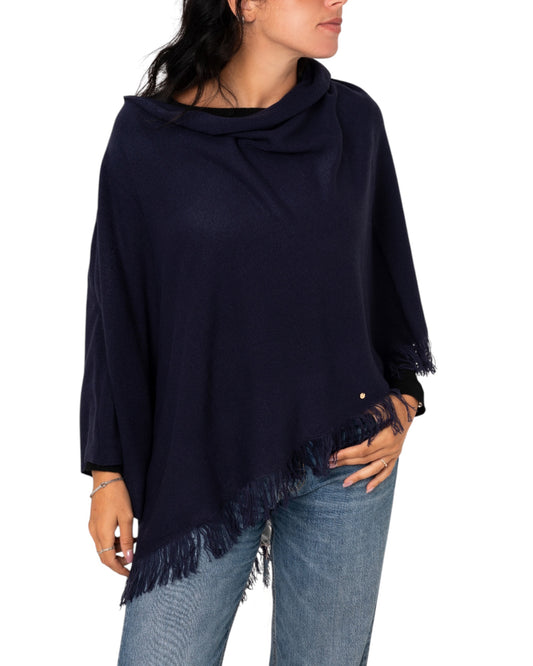 Poncho blu scuro con frange