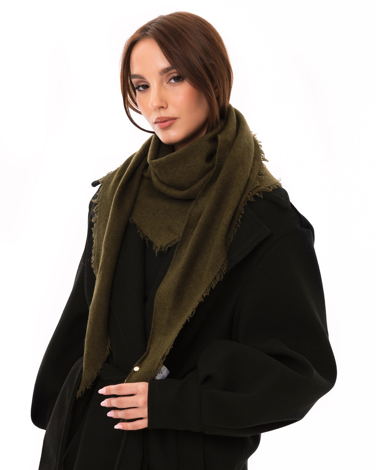 Foulard/kefia a tinta unita verde militare con frange