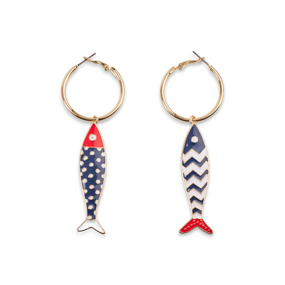 Orecchini a cerchio con pesciolini e stella marina blu/rossi - Mya Accessories