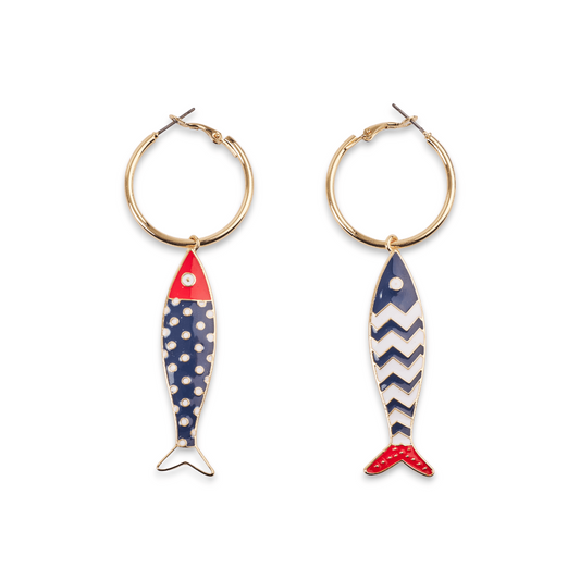 Orecchini a cerchio con pesciolini e stella marina blu/rossi - Mya Accessories