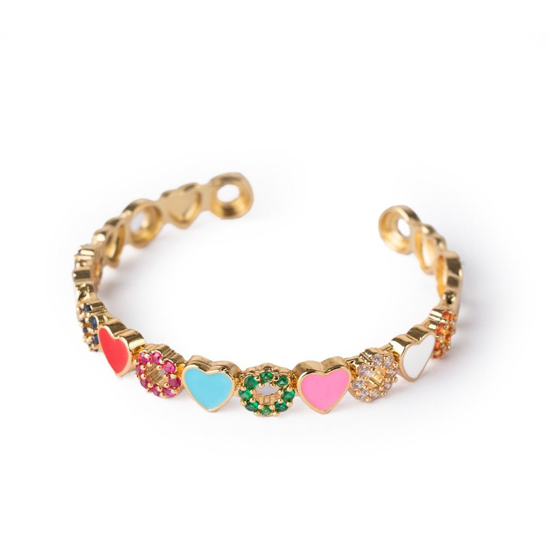 Bracciale in ottone con cuoricini smaltati e zirconi multicolore - Mya Accessories